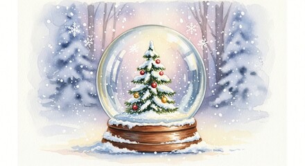 Festive watercolor snow globe with decorated Christmas tree, snowy winter forest background, falling snow