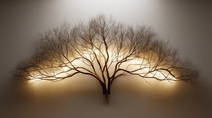Artistic representation of a light-emitting tree with intricate branches against a soft background illumination