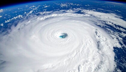 A powerful hurricane with a distinct eye seen from space, swirling over the blue ocean.