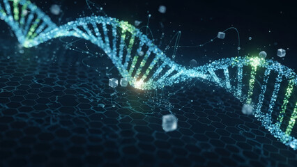 A futuristic digital illustration of a glowing DNA double helix, representing advancements in genetic science, biotechnology, and medical innovation