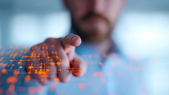 A person points toward a digital interface with glowing orange lines, symbolizing technology and innovation in a modern environment.