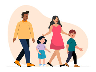 A mother, father, son, and daughter walking together. Big family vector illustration. Flat illustration.