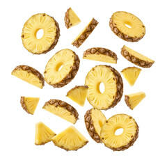 Fresh Pineapple Slices and Wedges PNG Isolated on White Background Realistic Falling Juicy Pineapple Rings Tropical Fruit Clipart Food Photography Graphics Set