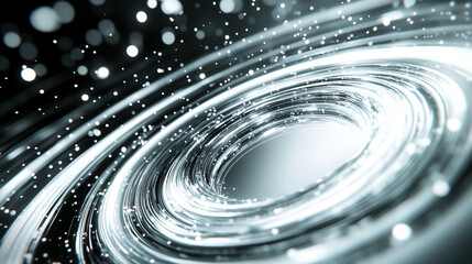 Abstract white light speed lines with neon rings and glowing circles, conveying motion, energy, and futuristic dynamics. A vibrant visual of speed, technology, and high-tech digital aesthetics.