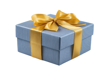 Blue striped gift box with gold ribbon and bow on black background image, Isolated On White Background, Png Transparent