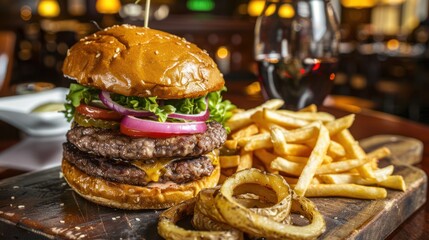 Juicy Double Cheeseburger with Fresh Vegetables and Golden French Fries in Rustic Wood Plate