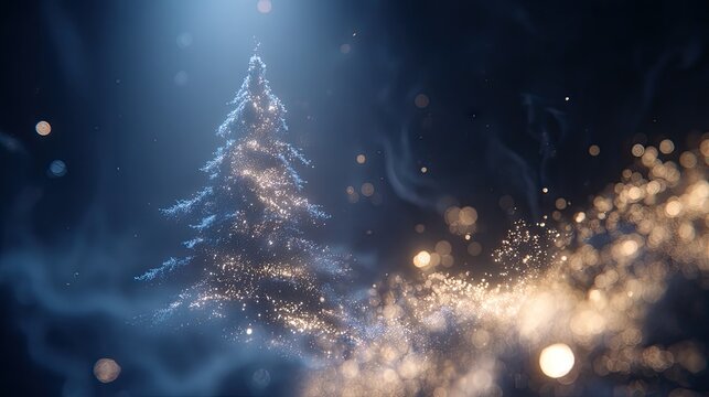 Enchanted Winter Scene with Sparkling Christmas Tree Under Soft Blue Light