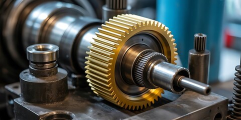 Golden Gear Wheel on a Metal Surface in a Workshop