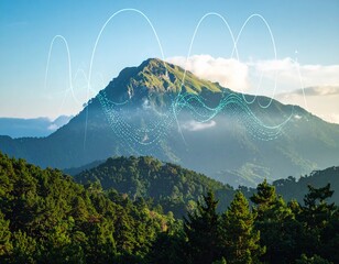 Stunning mountain landscape with vibrant digital overlay effect, perfect for modern technology or environmental projects needing a touch of innovation and nature