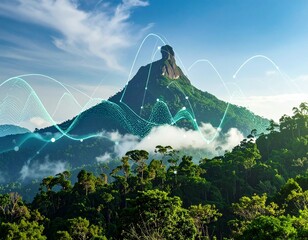 Stunning mountain peak landscape with vibrant green forest and dynamic data visualization overlays, perfect for illustrating environmental technology solutions
