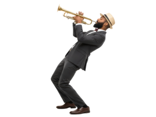 Passionate trumpeter elegantly playing jazz music with isolated transparent backdrop