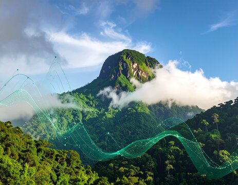Stunning tropical mountain vista with data visualization overlay, perfect for eco-tech, environmental data, and innovative sustainability projects
