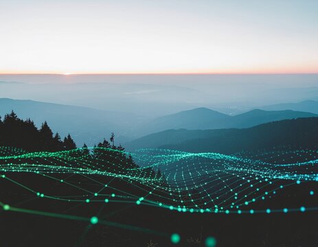 Stunning mountain landscape meets modern technology with network grid overlay creating a dynamic futuristic concept for innovation or connectivity projects