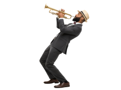 Passionate trumpeter elegantly playing jazz music with isolated transparent backdrop