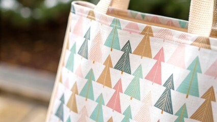 Christmas and Holiday gift bag in minimal theme. Colorful tote bag featuring a geometric tree pattern in pastel shades.