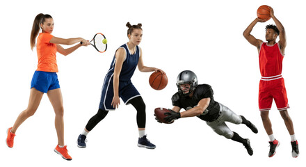 Dynamic composition showcasing diversity in sports athletic prowess and determination isolated on