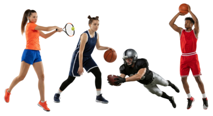 Dynamic composition showcasing diversity in sports athletic prowess and determination isolated on
