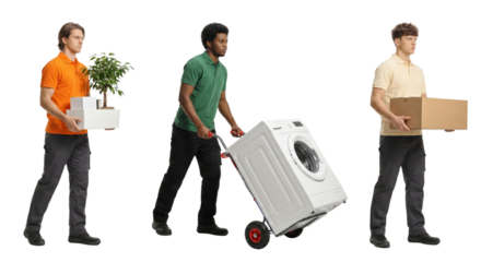 Professional movers delivering household items with care on a transparent backdrop