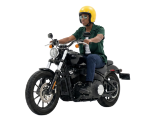 Rider on a classic motorcycle wearing a yellow helmet against transparent backdrop