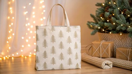 Christmas and Holiday gift bag in minimal theme. Festive bag with tree design, surrounded by gifts and holiday lights.