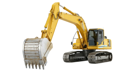Powerful yellow excavator poised for action against a pristine, isolated background