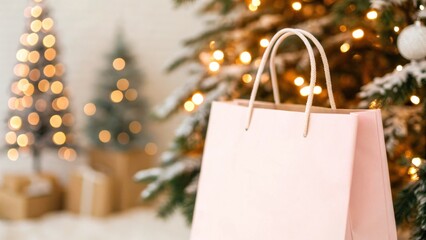 Christmas and Holiday gift bag in minimal theme. Gift bag in a festive setting with Christmas trees and blurred lights in the background.