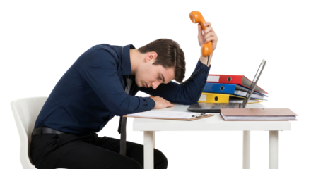 Overwhelmed Professional Holding Phone Receiver After Receiving Difficult News