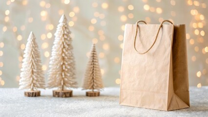 Christmas and Holiday gift bag in minimal theme. Festive scene with a paper bag and decorative Christmas trees against a bokeh background.