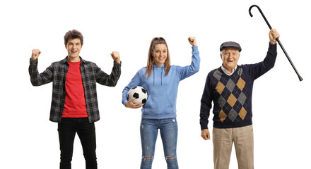 Three generations celebrate victory with exuberance against transparent backdrop showing familial
