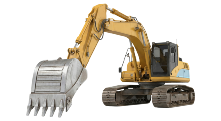 Vibrant Yellow Excavator Construction Equipment Machinery Engineering on Isolated Transparent field