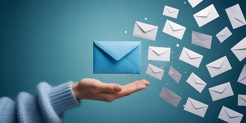 Hand Releasing Blue Envelope with Flying White Envelopes