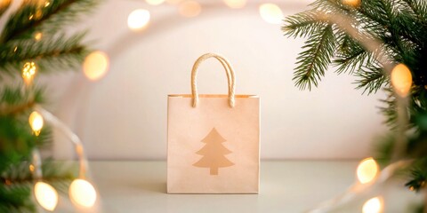 Christmas and Holiday gift bag in minimal theme. A festive gift bag surrounded by Christmas lights and greenery.