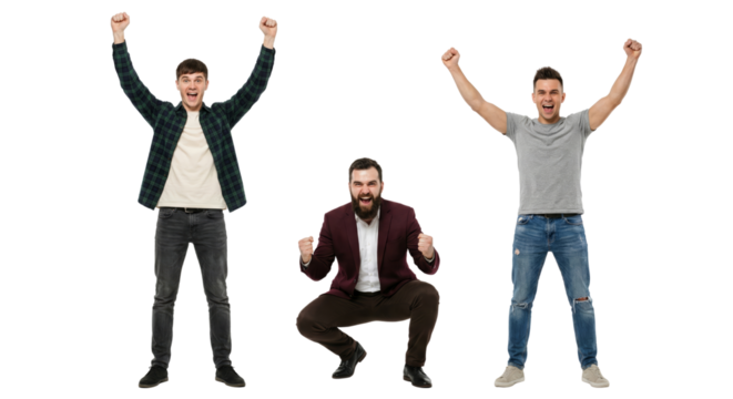 Jubilant trio of men celebrating achievement, isolated on transparent background, expressing joy