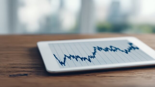 A tablet displaying a fluctuating graph on a wooden surface, suggesting data analysis or financial trends in a bright environment.