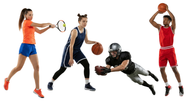 Dynamic composition showcasing diversity in sports athletic prowess and determination isolated on