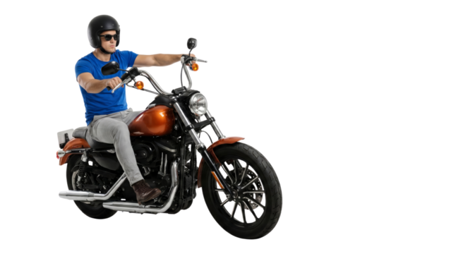 A Man Enjoying a Thrilling Motorcycle Ride on a Classic Cruiser with Isolated Backdrop