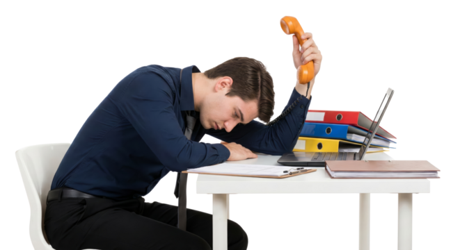 Overwhelmed Professional Holding Phone Receiver After Receiving Difficult News