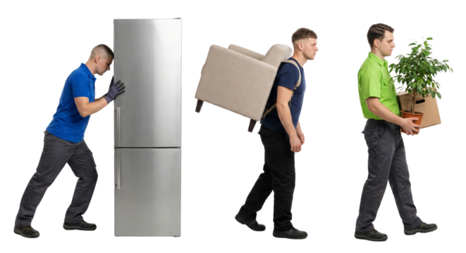 Delivery service workers carrying various household items isolated on transparent space - Powered by Adobe