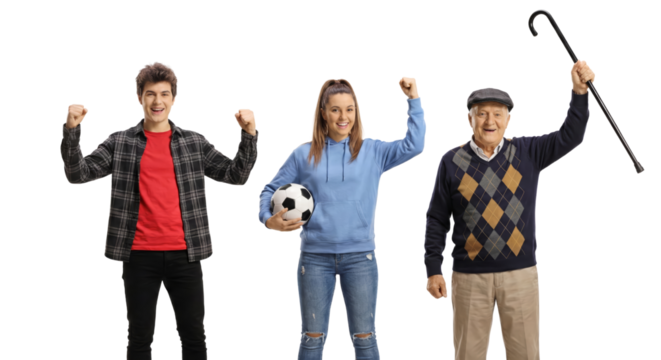 Three generations celebrate victory with exuberance against transparent backdrop showing familial