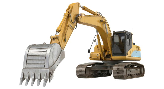 Vibrant Yellow Excavator Construction Equipment Machinery Engineering on Isolated Transparent field