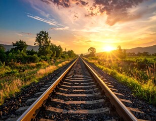 Fototapeta premium Railway tracks disappearing into golden sunrise, flanked by vibrant green foliage and hills