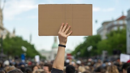 Person holding blank cardboard sign in protest crowd
