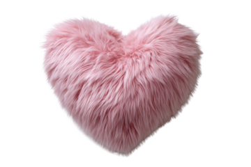 Fluffy pink heart shaped pillow with long fur on black background image, Isolated On White Background, Png Transparent
