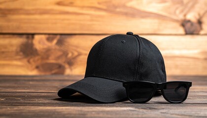 Stylish black cap and sunglasses on rustic wood, perfect for summer vibes and laid-back fashion trends, ideal for lifestyle blogs and product displays