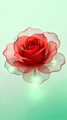 Red rose (with decorative netting), glowing details, light green background.
