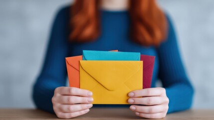 A person holds colorful envelopes, showcasing vibrant shades against a neutral background, conveying a sense of communication and creativity.