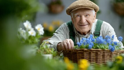 A Cherished Moment in the Garden: A cheerful senior tends to his flourishing garden, finding solace and joy in nurturing life's blooms. It's a scene of fulfillment and the beauty of life.