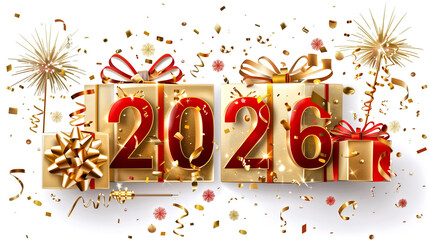 2026 red and gold numbers, traditional festive gift boxes with g