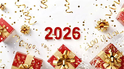 2026 red and gold numbers, traditional festive gift boxes with g