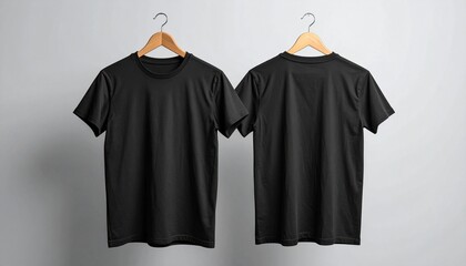 Stylish black T-shirt mockup for your brand, showcasing front and back designs with wooden hanger against a clean background, perfect for ecommerce